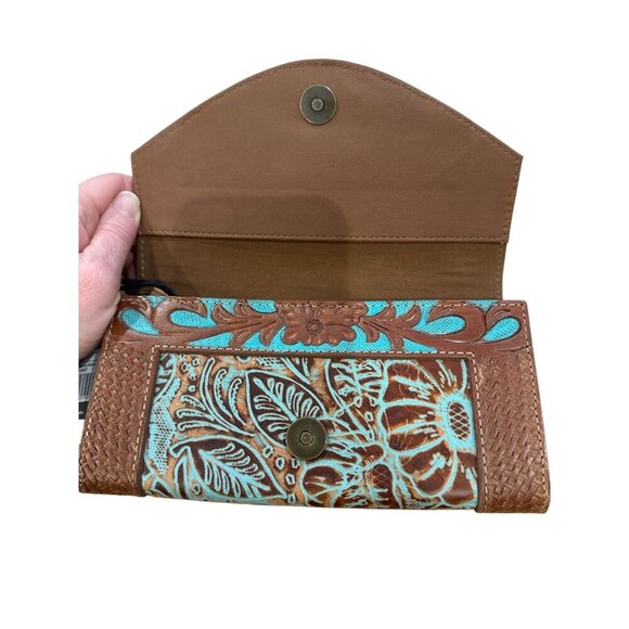Myra Handbags Stay Positive S-4907 Brown & Turquoise Floral Leather Wallet NWT - Picture 4 of 5